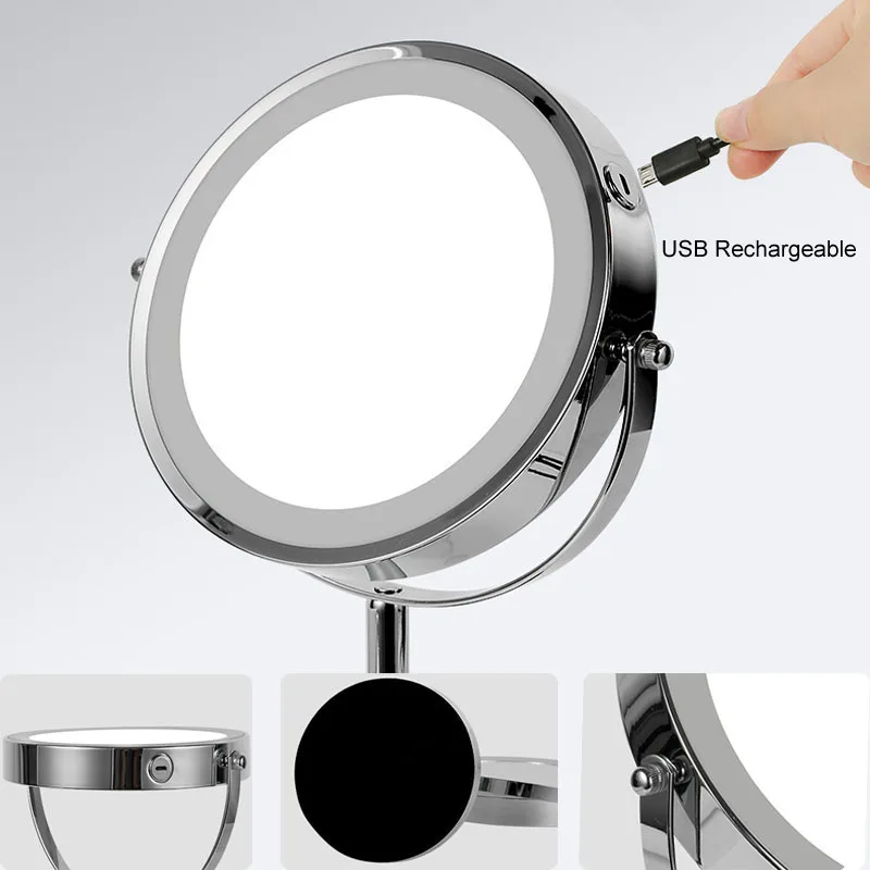 2-Sided Vanity Makeup LED Mirror, 3X/5X Tabletop Cosmetic Mirror USB Rechargeable, 3Color Touch Brightness and Height Adjustable 4