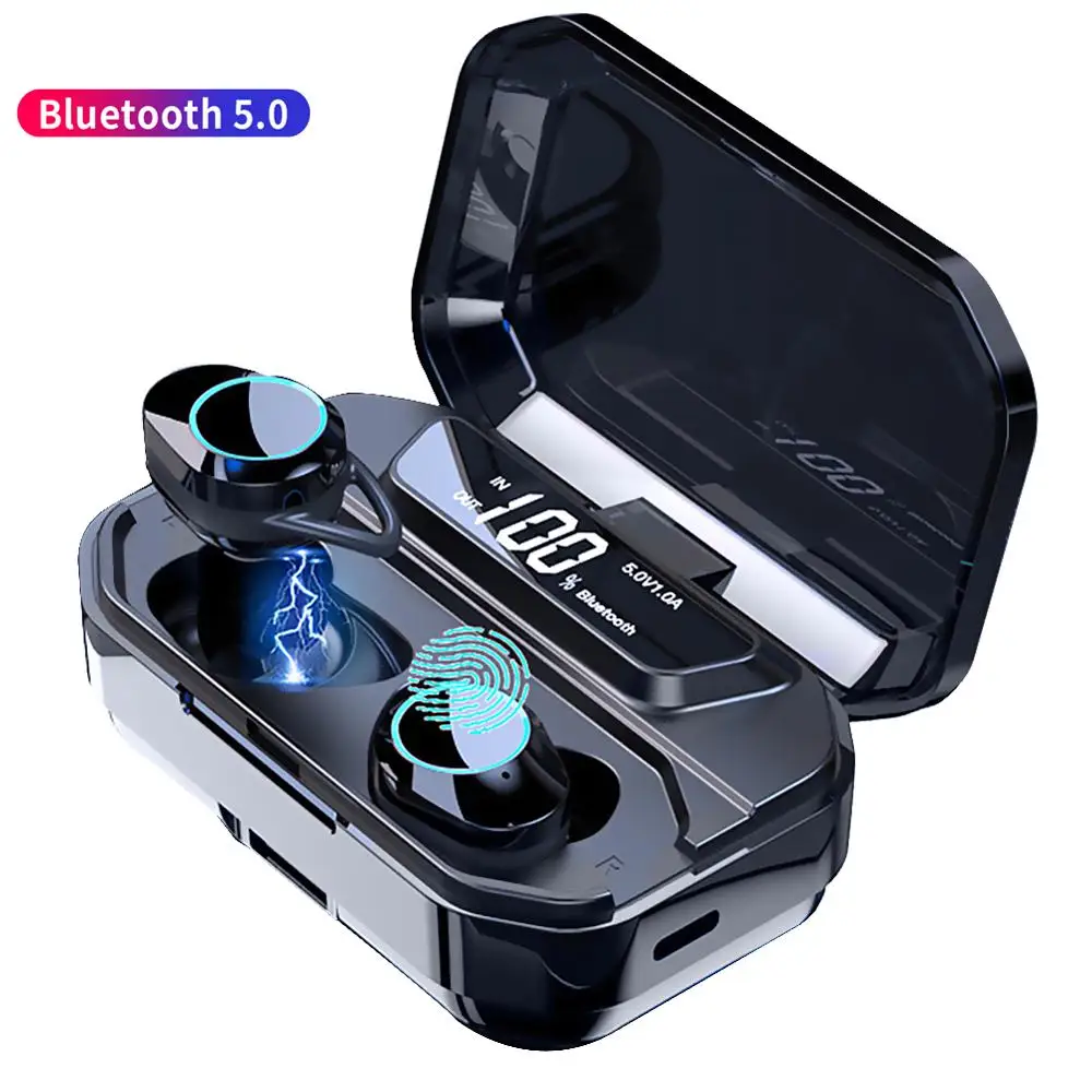 G02 TWS bluetooth wireless earphone Stereo waterproof earbuds with 3300mAh LED Smart Power Bank Phone Holder headphone