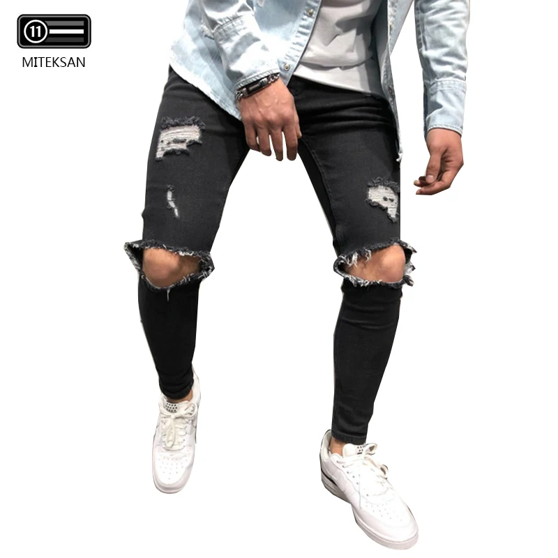 

Men's Jeans Hip Hop Skinny Pencil Jeans For Men clothes Stretchy Ripped Jeans Slim Fit Vintage Blue Gray black Color Punk Pants