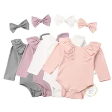 Повседневные однотонные комплекты осенней одежды из 2 предметов для новорожденных девочек комбинезон с длинными рукавами и оборками+ лента для волос для девочки, хлопковая одежда для детей 0-24 месяцев