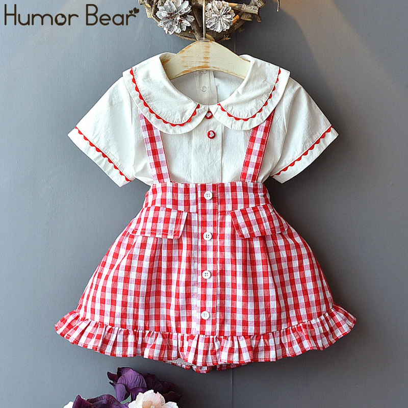 

Humor Bear Summer Girls Suit New Children's Wear Cute Girl Doll Collar Short-Sleeved Shirts + Princess Plaid Skirt Girls Set