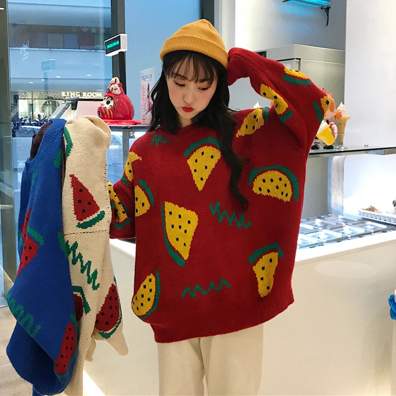 Korean Joker Loose Sweater Fruit jacquard Thicken knit Sweater Women Autumn& Winter splice Long Sleeve Roung Collar Tops