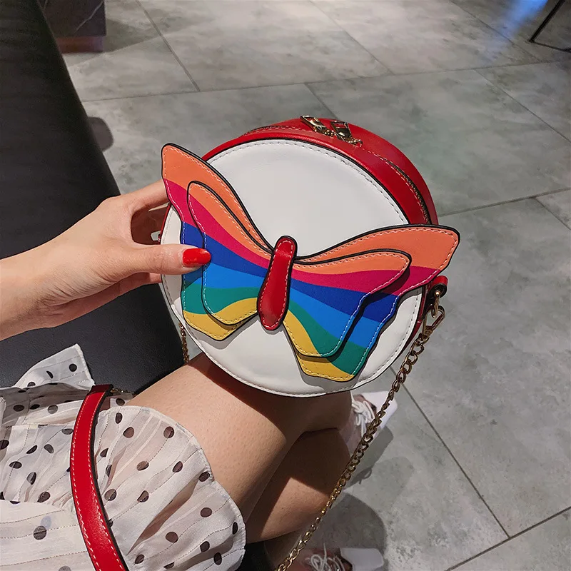 

Cool Bag Women's 2019 New Style INS GIRL'S Cute Butterfly Small round Bag Contrast Color Chain Crossbody Bag