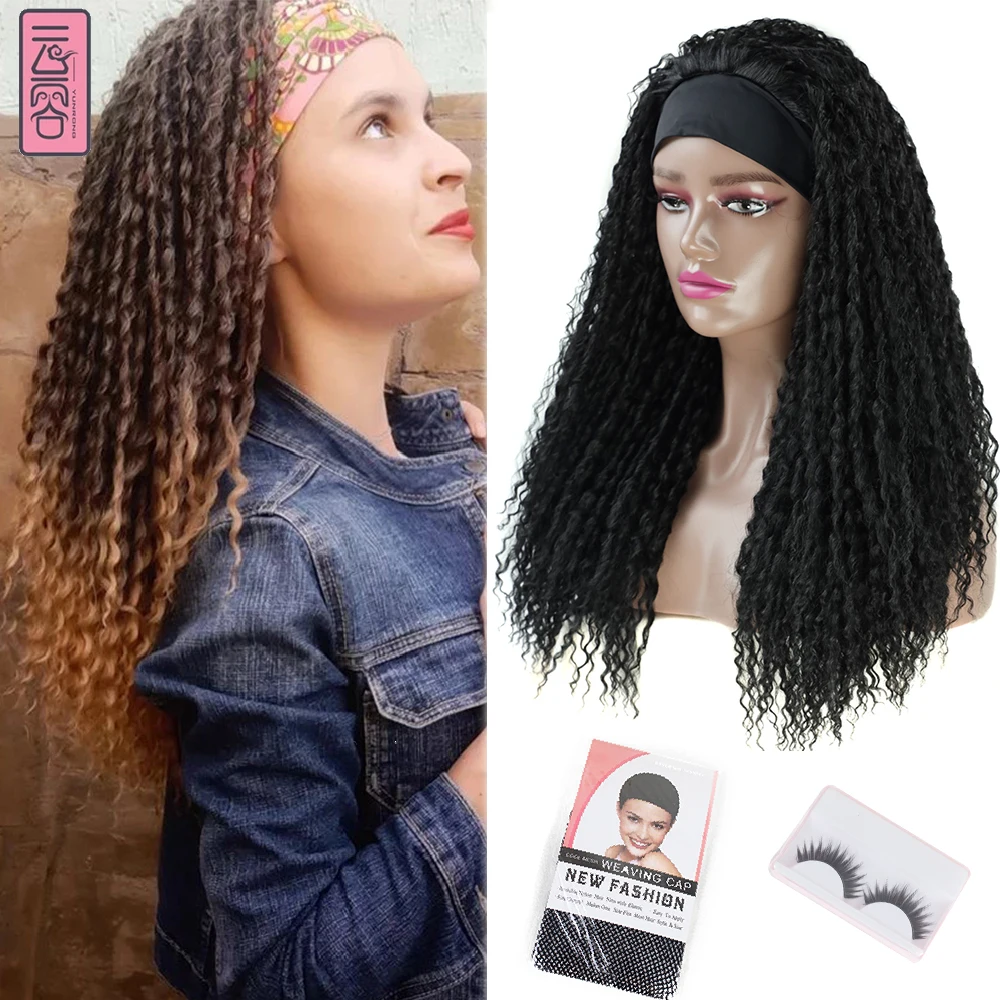 YunRong Headband Wig Water Wave Synthetic Hair Ombre 22Inches Turban Wigs Marly Braids Afro Kinky Curly Scarf Wigs Deep Women yunrong bone straight hair bundles 1b 30inches synthetic weft bulk for women straight hair full to end