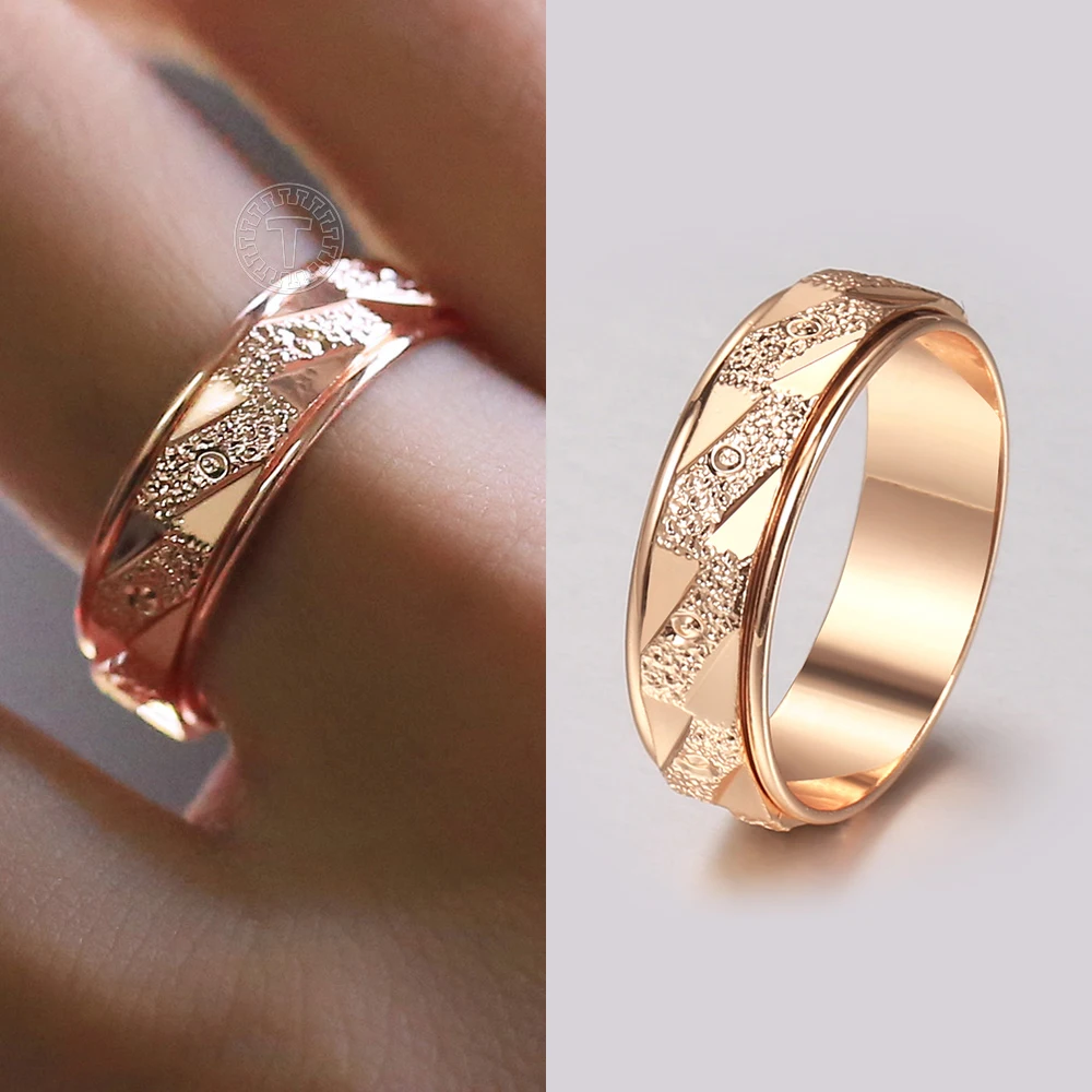 6mm Women Spinner Rings 585 Rose Gold Color Pattern Rotatable Carved Anxiety Ring Wedding Birthday Gifts Dropshipping GR77
