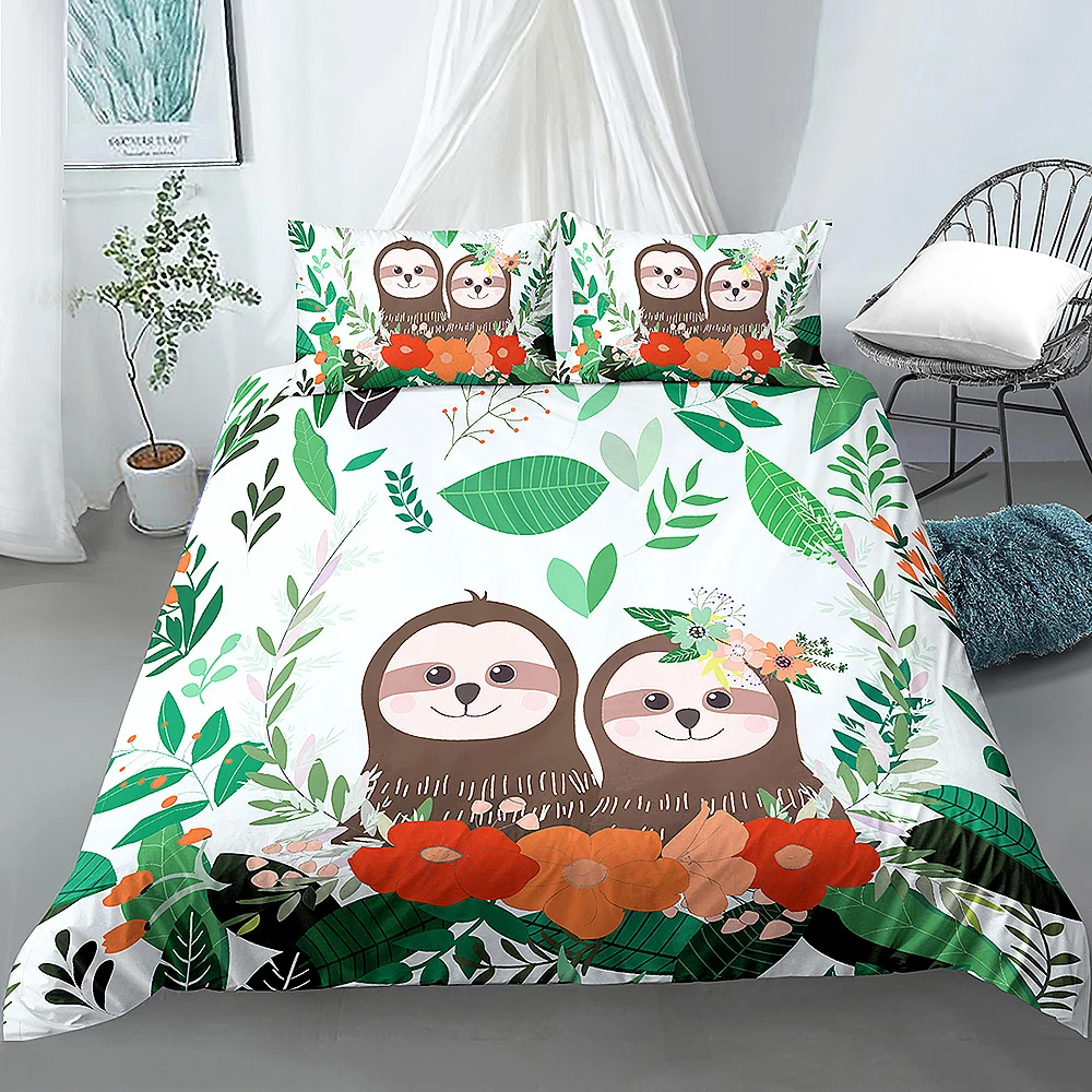 

Cute Tree Sloths Pattern Printed Duvet Cover With Pillowcase for Kids Children Bedroom Quilt Covers Bedding Sets US/AU/EU Size