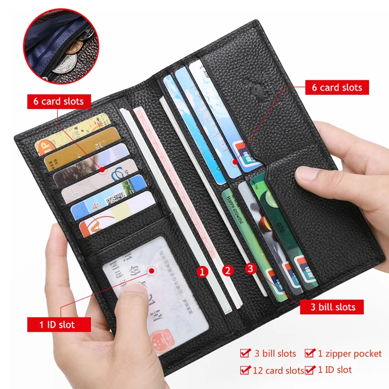 BISON DENIM Cowskin Long Purse For Men Wallet Business Men's Thin Soft Genuine Leather Wallet Card Holder Coin Purse N4470&N4391 4