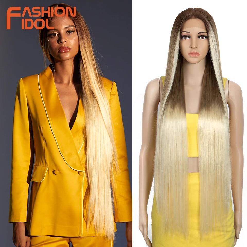 FASHION IDOL 38 inch Straight Long Synthetic Wigs For Black Women High Temperature Fiber Ombre Blonde Highlight Cosplay Wigs