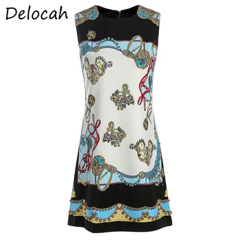 

Delocah Summer Women Fashion Runway Mini Dress Sleeveless Crystal Beading Vintage Printed Ladies Party A-Line Dresses vestidos