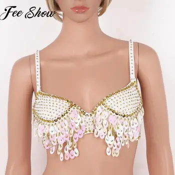 

Womens Sexy Beaded Sequin Tassels Adjustable Spaghetti Shoulder Straps Push up Underwired Rave Dance Belly Dancing Costume