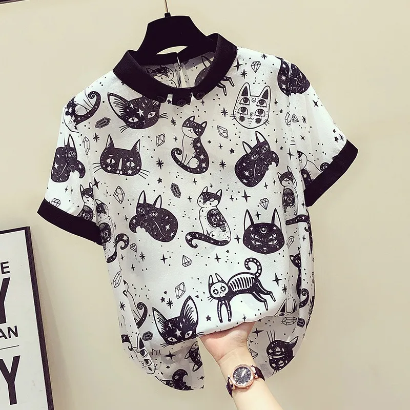 

Women Harajuku TShirt Summer Elegant Round Collar Cartoon Cat Short Sleeve Tee Casual Kawaii T-Shirt Tops Clothing