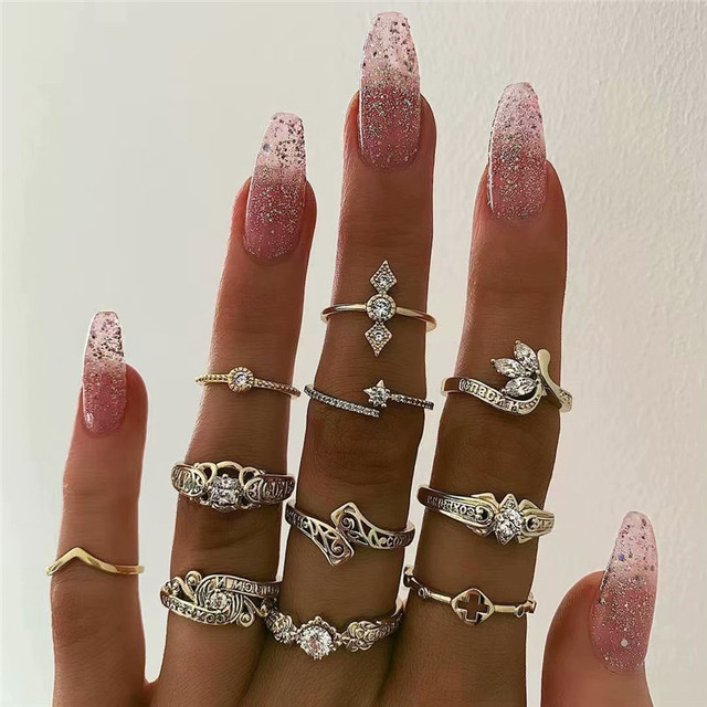 Bohemian Gold Vintage Rings Snake Heart Crystal Ring Set Women Charm Joint Ring Party Wedding Fashion Jewelry Gifts