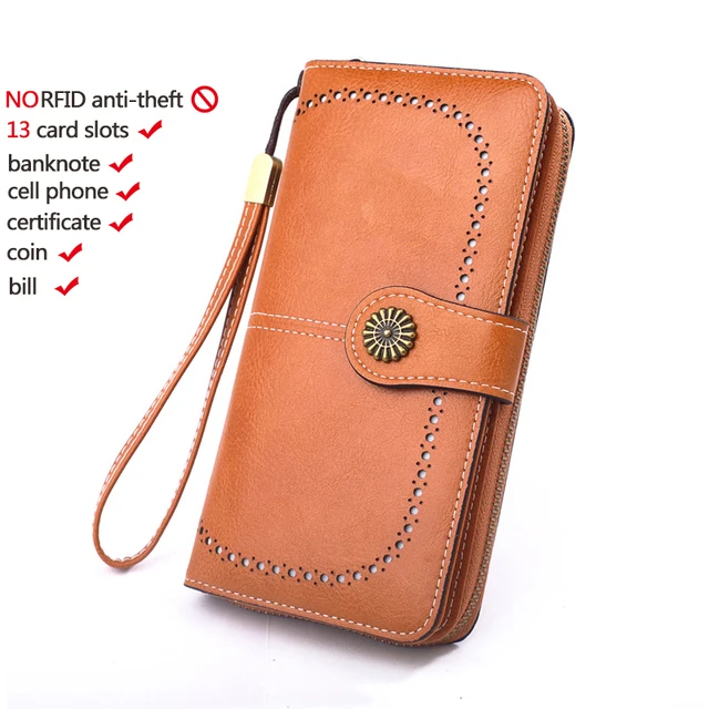 High Quality Women Wallet RFID Anti-theft Leather Wallets For Woman Long Zipper Large Ladies Clutch Bag Female Purse Card Holder W006-Brown