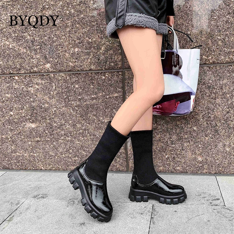 BYQDY Plus Size 46 Trendy PU Leather Mid Calf Boots Round Toe Footwear Thick Heels Lady Boots Outdoor Autumn Winter Short Boots