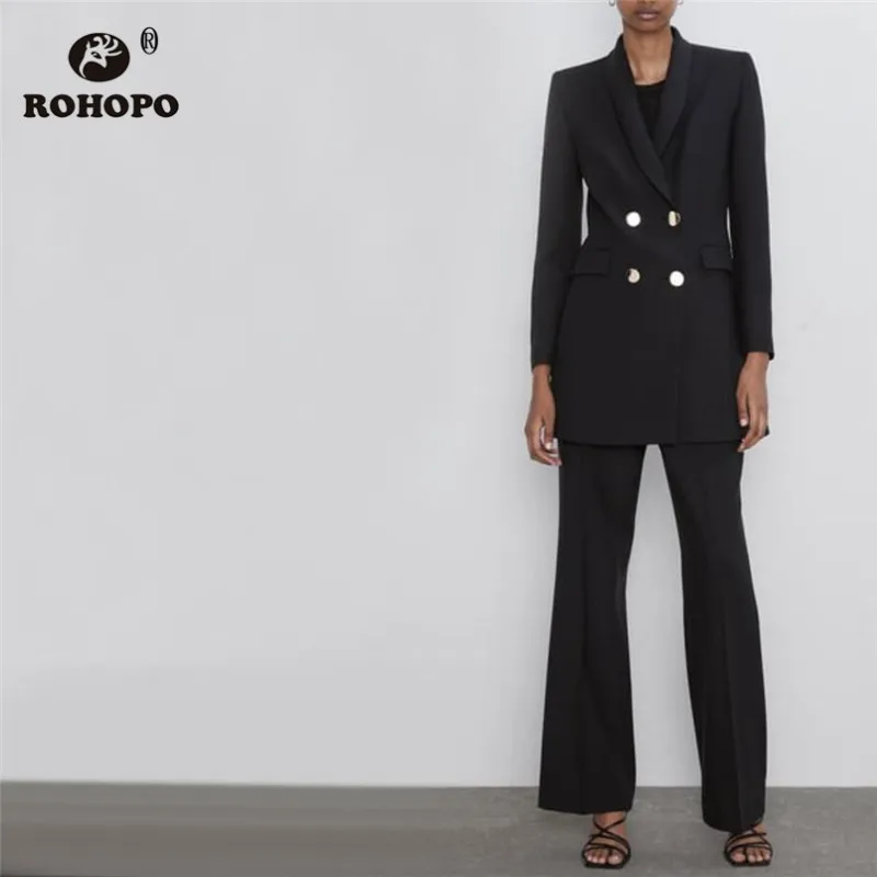 ROHOPO Double Breast Gold Buttons Slim Solid Blazer Notched Collar Side Flaps Welt Pockets Ladies Flared Hem Outwear #9078 ROHOPO Double Breast Gold Buttons Slim Solid Blazer Notched Collar Side Flaps Welt Pockets Ladies Flared Hem Outwear #9078