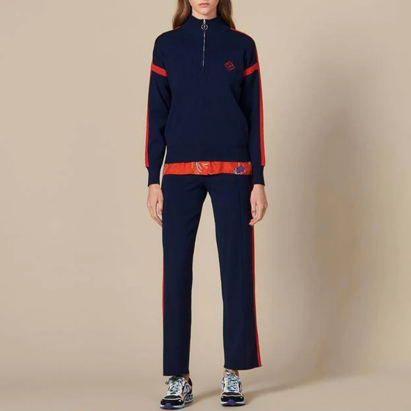 

2 Pieces Set Loose Women Suit Embroidery Knitted Track Suit Zippers Sweater Pockets Pants Sets Color Block Outfits Spring Autumn