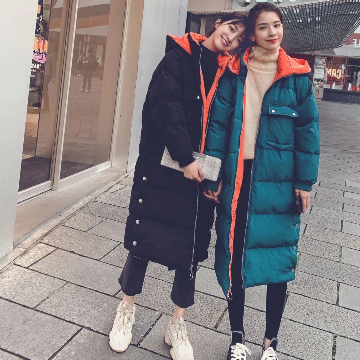 

Photo Shoot INS Korean-style Slit-Straight-Cut down Coat Sense of Design Contrast Color Hooded Long over-the-Knee Cotton Overcoa