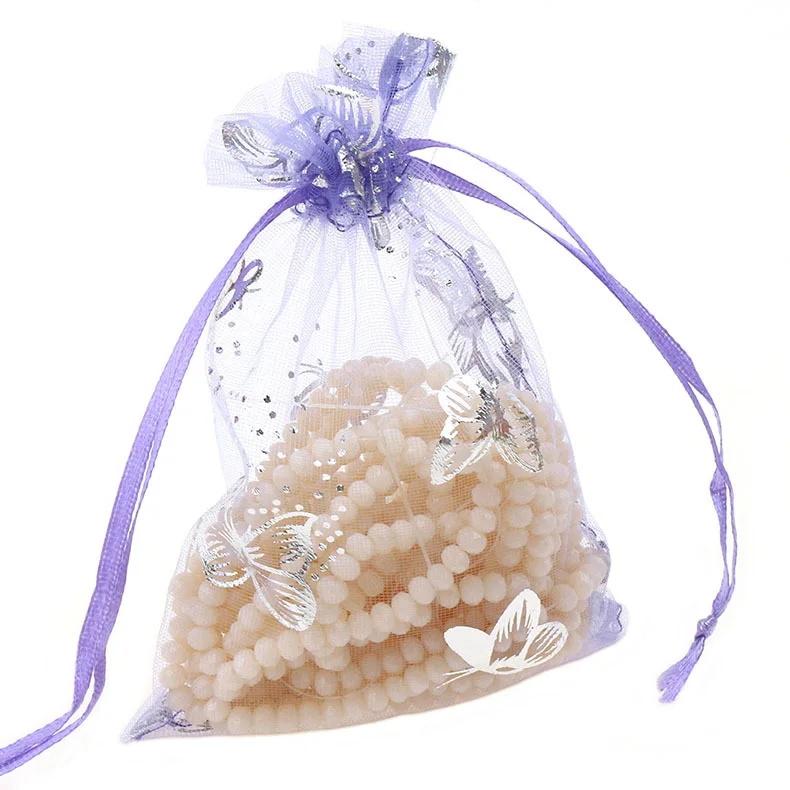 100pcs/lot Silver Butterfly Organza Bag Christmas Wedding Voile Gift Bag Jewelry Packing Drawstring Pouch Decoration Storage Bag - Цвет: light purple butterf