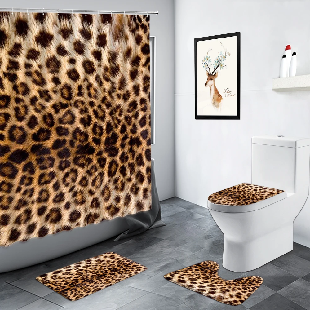 Details about   Leopard Shower Curtain Bathroom Mat Toilet Lid Cover 3d Hooks Us Pedestal Rug 
