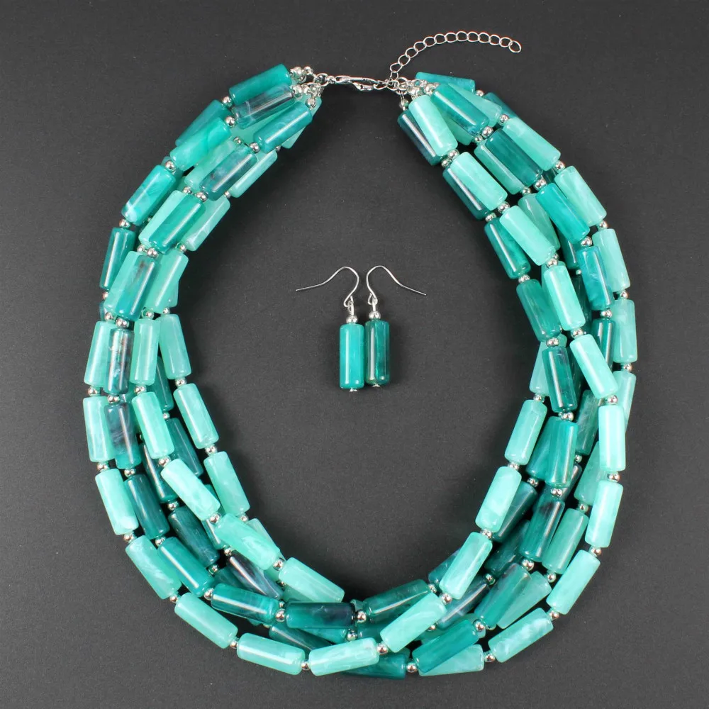green Fashion New Multilayer Cylindrical Resin Choker Necklace Earrings for Women Ethnic Bohemian Boho African Beads Jewelry Sets - Окраска металла: green