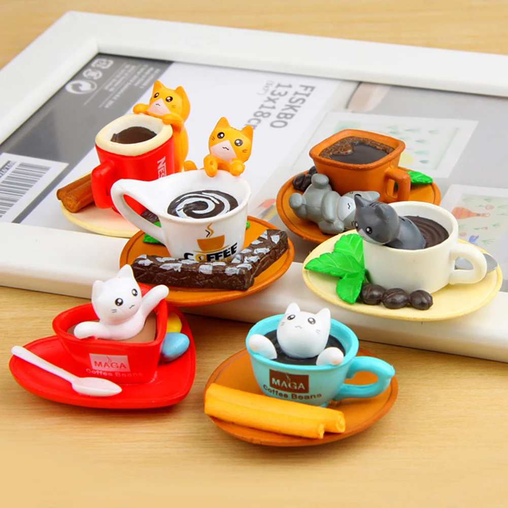 6Pcs/Set Coffee Cup Toast Cats Figurines Crafts Miniature Fairy Garden Decor New