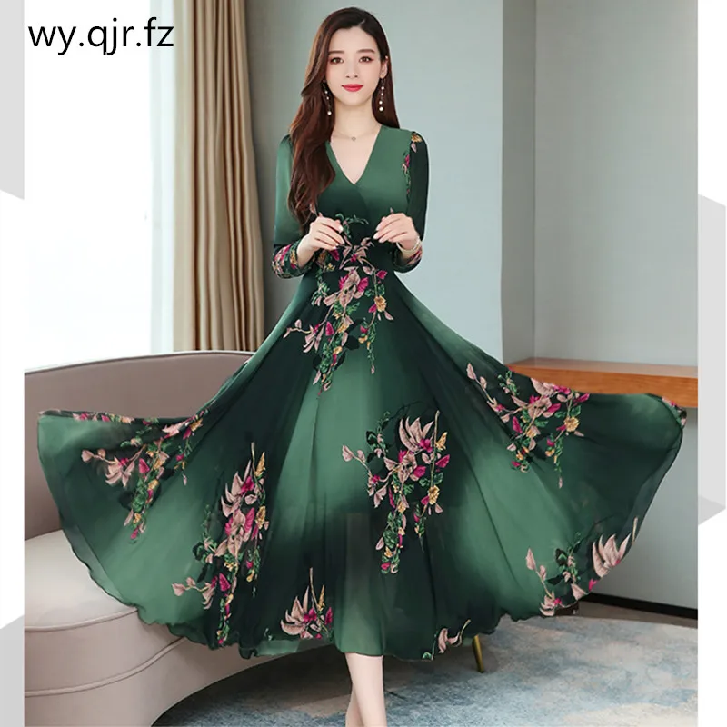 

XWWL-722#Evening Dress Long Printing Chiffon Green V-neck Plus Size Cheap party Prom Graduation Ball Gown Wholesale Dresses Girl