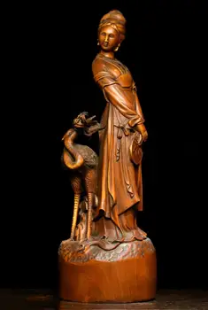 

wedding decoration 9" Chinese Boxwood Wood Carving Crane Beautiful Woman Belle Goddess God Statue