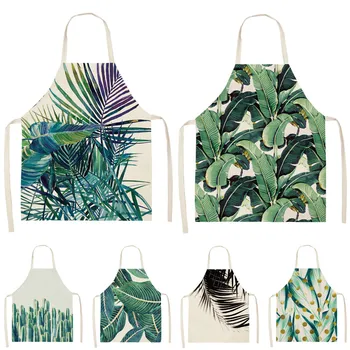 

1Pcs Green Leaf pattern Cleaning Art Aprons Home Cooking Kitchen Apron Cook Wear Cotton Linen Adult Bibs 53*65cm WQ0138