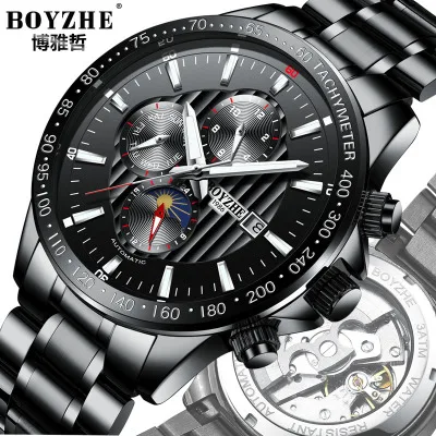 

BOYZHE Automatic Watch Black Dial Mechanical Luminous Men's Sport Watch Stainless Steel Waterproof Luxury Relogio Masculino