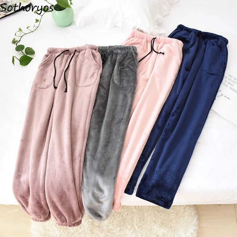 

Warm Women Sleep Bottoms All-match Basic Japanese Style Flannel Minimalist Couple Solid Homewear Pocket Elastic Waist Fashion