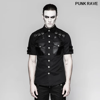 

Steampunk Handsome Casual Slim Rivet Pocket Men Shirt Black Handsome Military Uniform Short Sleeve Men Top PUNK RAVE Y-744
