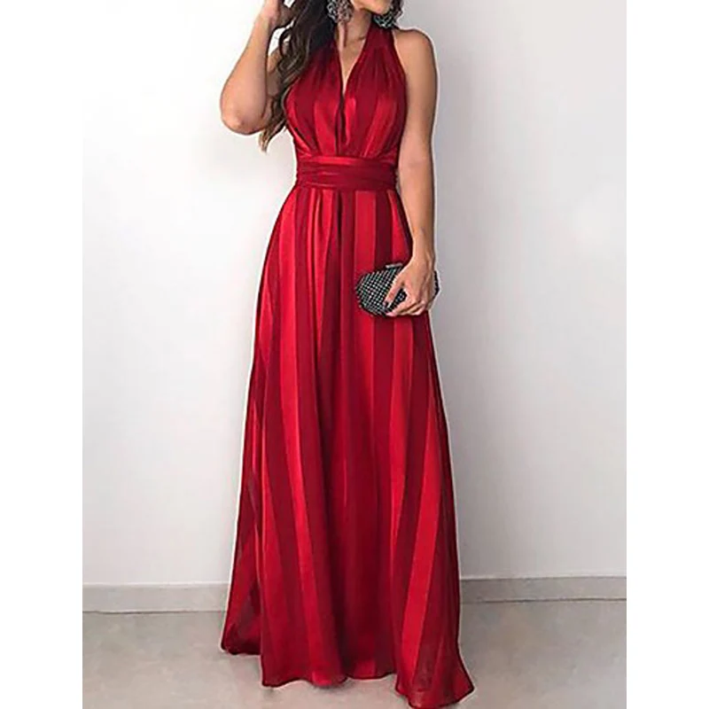 

Women Summer Sexy Strapless Red Striped Sleeveless Dress sukienka Elegant Slim Bow Party Maxi Long Dresses Party Night Frocks