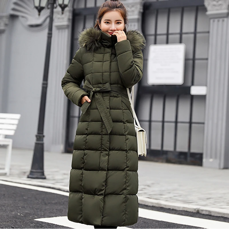

Winter Jackets women 2019 New X-long Slim big fur hooded Parkas coat with Sashes -25 degrees wear for female M-3XL