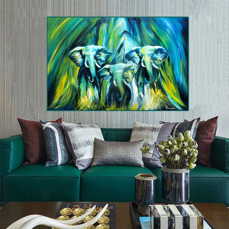 

Elephants Canvas Posters and Prints Animals DIY Green Oil Painting By Numbers Modern Wall Art Painted Picture Gallery Home Decor