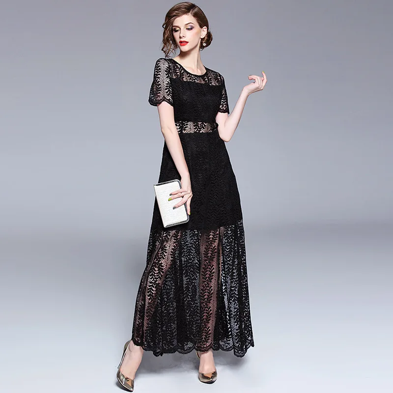 

3502-Photo Shoot Europe And America New Style Hollow out Slit Lace Swinging Skirt Transparent Dress