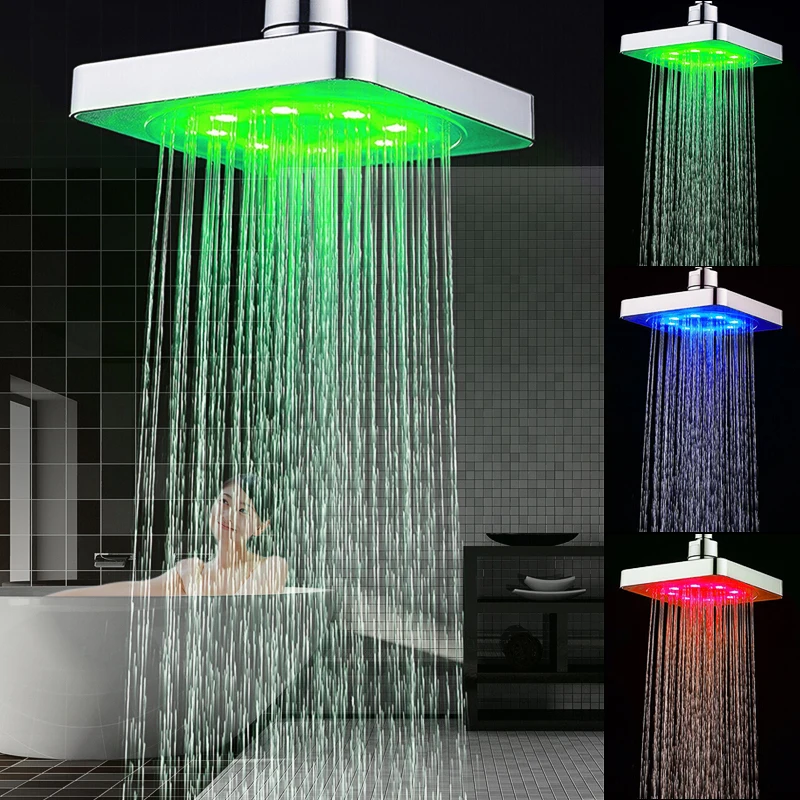 360° Adjustable 6 Inch LED Light Square Rain Shower Head Stainless Steel 3 Color Changing Temperature Control BathroomShowerhead
