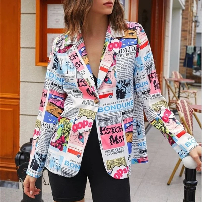 

Women Fashion Printed Blazers Notched Coat Jacket Lady Spring Fall Casual High Street Long Sleeve Suits Top Outwear Streetwear