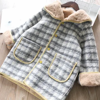 

Girls winter ourerwear warm streetwear children's coats woollen thick gray khaki vercoat hooded baby girls clothes new arrival