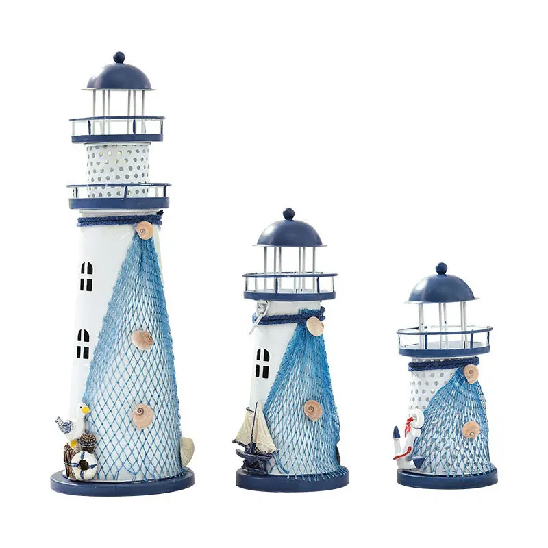 Mediterranean Style Iron Lighthouse Figurine Nostalgic Ocean Anchor Ornament Light for Teen Room Bedroom Desk Table Decoration