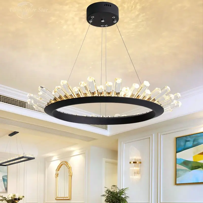 

Luxury LED Chandeliers Lighting Modern Round Crystal Metal Black Gold Pendant Hanging Lamps Lustre Bedroom Living Room Lights