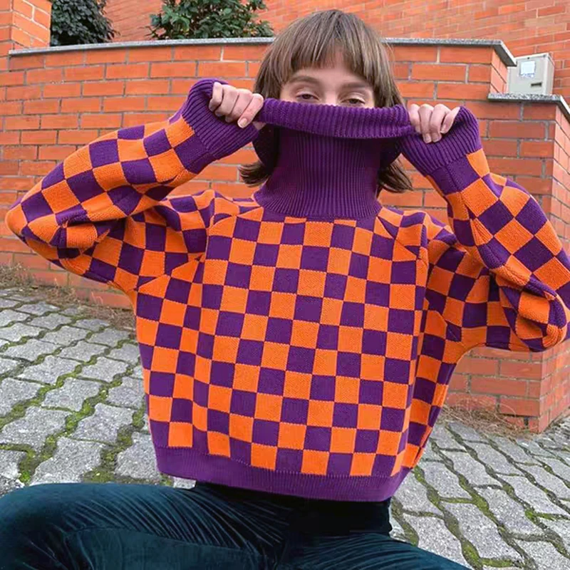 Осенний свитер женский винтажный шахматный Свитер хлопковый свободный свитер с высоким воротом вязаный женский пуловер в клетку Harajuku фиолетового цвета
