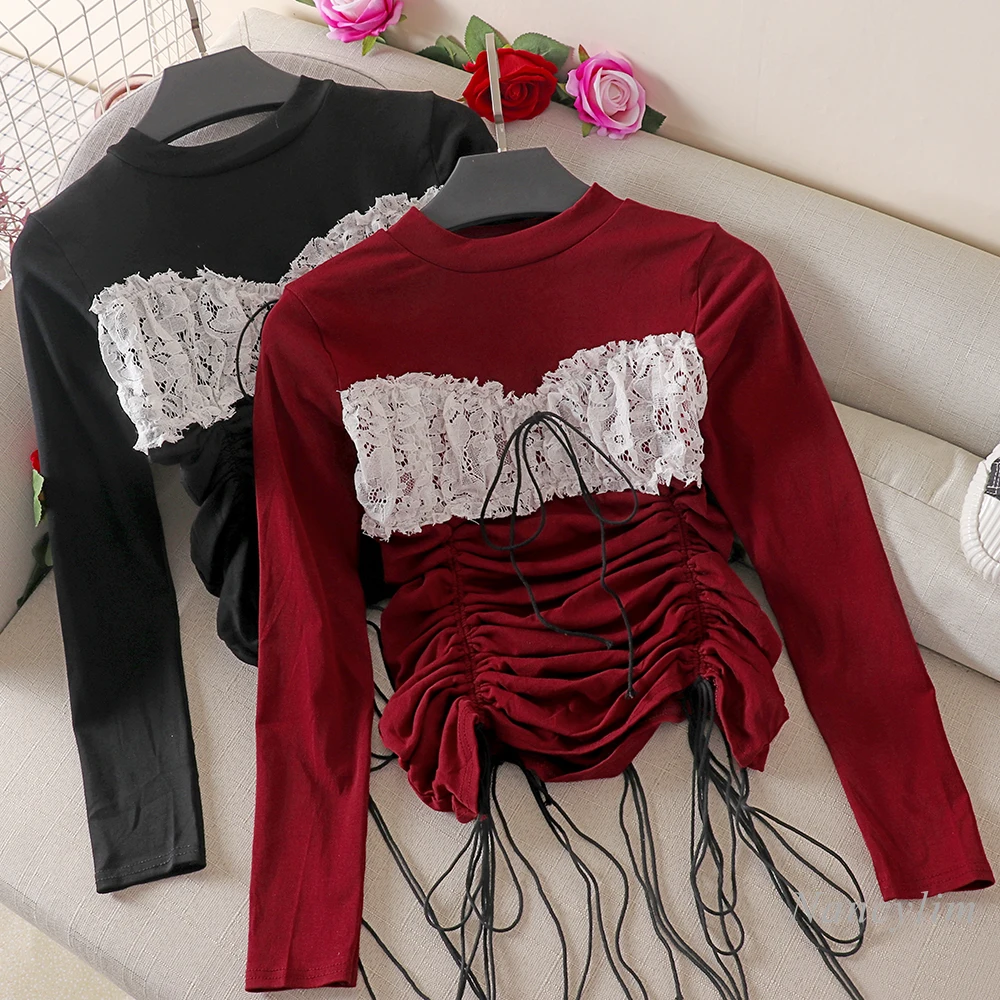 

Long Sleeve T-Shirt Women Spring Autumn 2021 New Retro Sexy Lace Tube Top Drawstring Patchwork Turtleneck Pleated Shirts Tops