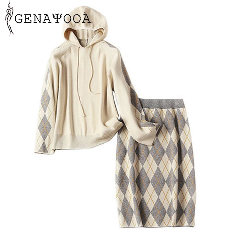 Genayoa повседневные женские комплекты из двух предметов,, вязаные женские костюмы, юбки и топы, клетчатая юбка миди, свободный свитер с капюшоном, зимний костюм