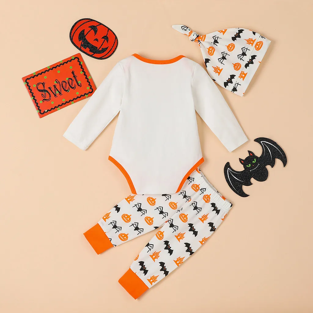 festival-wear children clothing-set costume Newborn Infant Baby Boys Girls Letter Romper Pants Hat Halloween 3pc Outfits Set