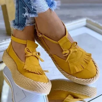 

New Women Summer Flat Platform Fringe Shoes Ladies Bow Tie Suede Ankle Buckle Strap Shoes Womens Fashion Casual Female Footwear