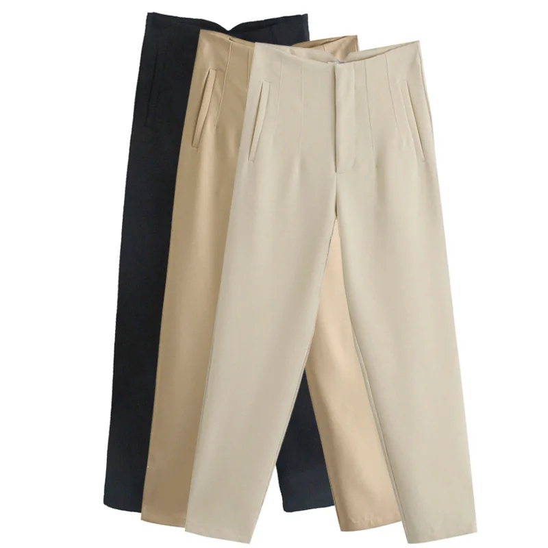 OneBling Za-pantalones de cintura alta para mujer, trajes de primavera 2021, para oficina, Beige, con cremallera, rosa, elegante, informal
