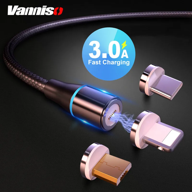 Магнитный кабель Micro USB для быстрой зарядки Vanniso 2m 3A для iPhone X 7 samsung A50 Xiaomi mi9, магнитный кабель usb type-c для передачи данных