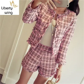 

Fashion Slim Plaid Two Piece Set Tweed Skirt Suit 2020 Winter Women Casual Jacket Coat+Shorts Sets Long Sleeve Korean Clothes