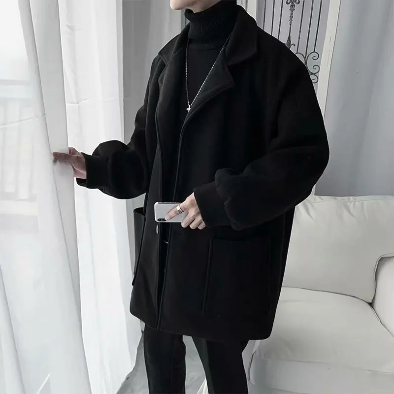 Woolen Coat Men's Fashion Solid Color Casual Long Woolen Jacket Men Streetwear Wild Loose British Style Coat Mens Overcoat M-3XL