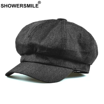 

SHOWERSMILE Women Fashion Hats Cotton Linen Summer Newsboy Cap Female Fashion Solid Newsboy Hat Gatsby Baker Boy Cap Black Beige